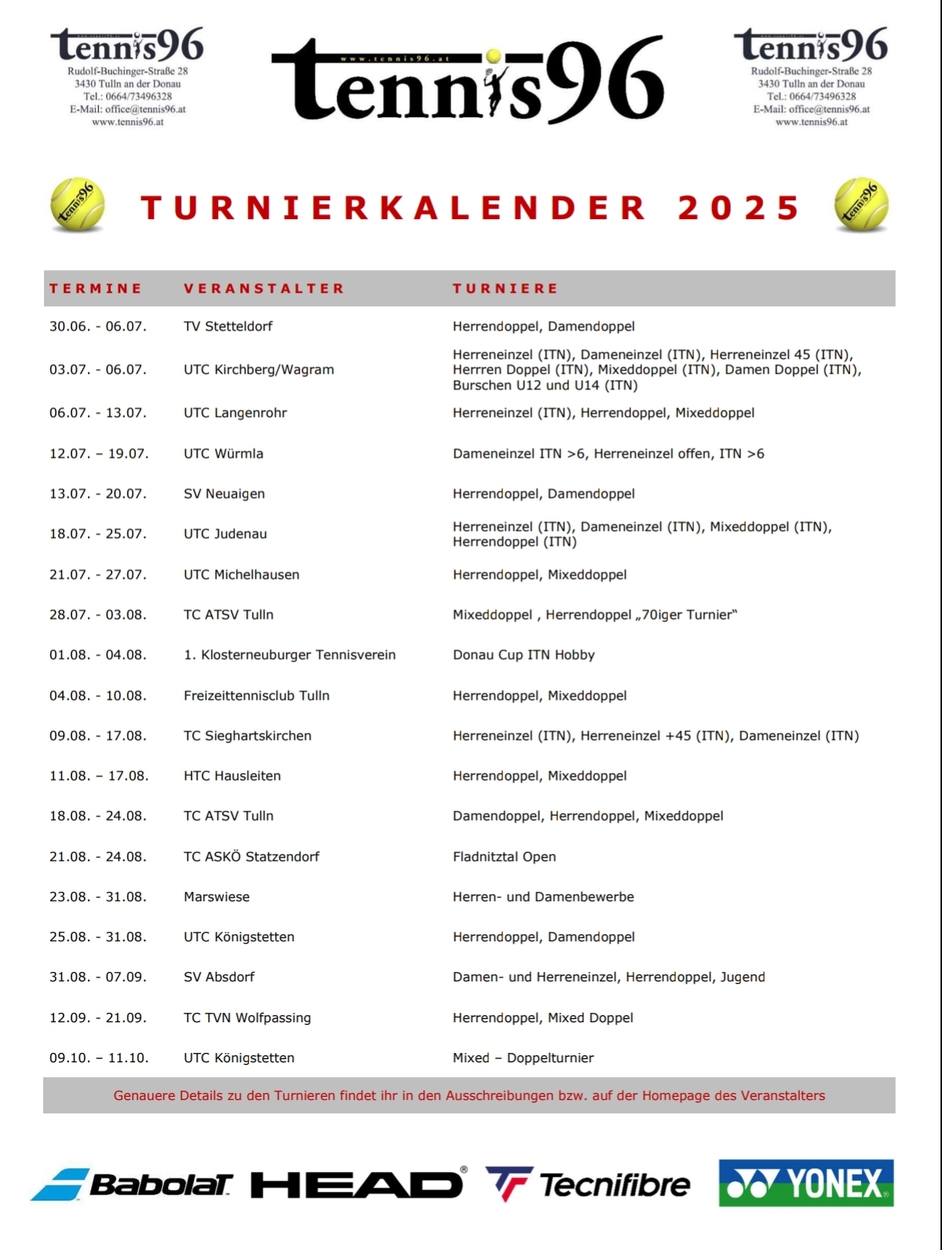 Turnierkalender Tullnerfeld 2025